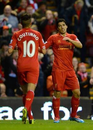 Luis Suarez of Liverpool celebrates the first goal - Barclays Premier League - Liverpool vs West Ham Utd - Anfield Stadium - Liverpool - England - 7th December 2013 - Picture Simon Bellis Sportimage EDITORIAL USE ONLY. No use with unauthorised audio, video, data, fixture lists, club league logos or live services. Online in-match use limited to 120 images, no video emulation. No use in betting, games or single club league player publications.