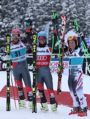 SKI ALPIN - FIS WC Beaver Creek, RTL, Herren BEAVER CREEK,COLORADO,USA,08.DEZ.13 - SKI ALPIN - FIS Weltcup, Riesentorlauf der Herren. Bild zeigt den Jubel von Bode Miller (USA), Ted Ligety (USA) und Marcel Hirscher (AUT). 