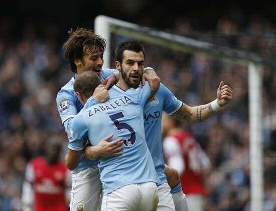 Manchester City s Alvaro Negredo celebrates scoring his sides second goal Manchester City vs Arsenal - Premier League - Etihad Stadium - Manchester - England - 14 12 2013 - Pic David Klein Sportimage EDITORIAL USE ONLY. No use with unauthorised audio, video, data, fixture lists, club league logos or live services. Online in-match use limited to 120 images, no video emulation. No use in betting, games or single club league player publications.