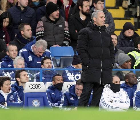 Chelsea FC London v Crystal Palace . . London, UK . . 14.12.2013 Ashley Cole (C) has his eyes closed on the bench beside Frank Lampard (C) and behind Jose Mourinho (Chelsea manager).