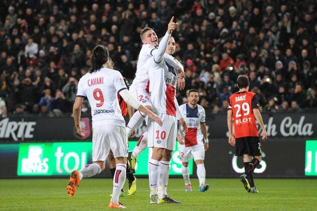 Zlatan Ibrahimovic- Marco Verratti - Edinson Cavani (PSG) FOOTBALL : Stade Rennes vs Paris Saint Germain - Ligue 1 - 14 12 2013 NLeGouic FEP Panoramic 