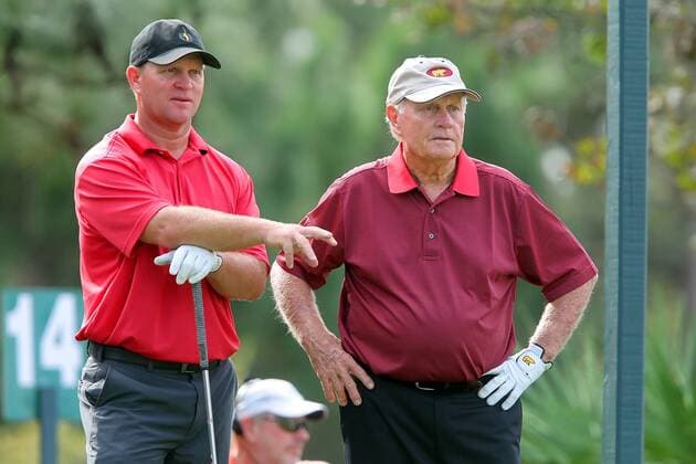 14 DEC 2013: Gary and Jack Nicklaus watch a tee shot during the first round of the PNC Father-Son Challenge at The Ritz-Carlton Golf Club in Orlando, Florida. GOLF: DEC 14 PNC Father-Son Challenge - 1st Round Icon357131214229 EDITORIAL USE ONLY