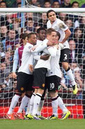Danny Welbeck of Manchester United is mobbed in celebration of his opening goal - Aston Villa vs. Manchester United, ManU - Barclays Premier League - Villa Park - Birmingham - 15 12 2013 Pic PhilipxOldham Sportimage EDITORIAL USE ONLY. No use with unauthorised audio, video, data, fixture lists, club league logos or live services. Online in-match use limited to 120 images, no video emulation. No use in betting, games or single club league player publications.