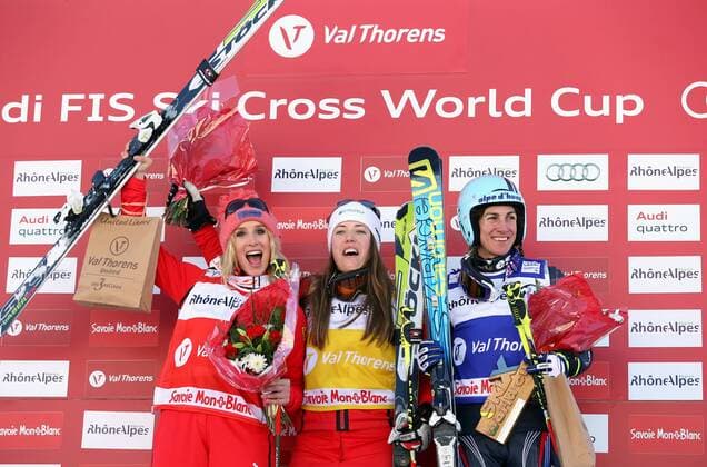 SKI ALPIN - FIS WC Val Thorens, Skicross, Damen VAL THORENS,FRANKREICH,15.DEZ.13 - FREE SKI, FREESTYLE SKIING - FIS Weltcup, Ski Cross, Damen, Siegerehrung. Bild zeigt den Jubel von Sanna Luedi, Katrin Mueller (SUI) und Ophelie David (FRA). Keyword: Stoeckli. 