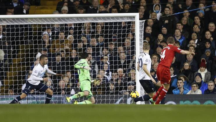 Liverpool s Jordan Henderson scoring his sides second goal Tottenham Hotspur vs Liverpool FC - Premier League - White Hart Lane - London - England - 15 12 2013 - Pic DavidxKlein Sportimage EDITORIAL USE ONLY. No use with unauthorised audio, video, data, fixture lists, club league logos or live services. Online in-match use limited to 120 images, no video emulation. No use in betting, games or single club league player publications.