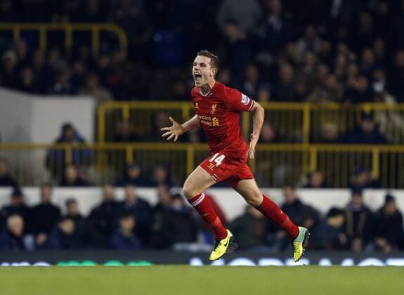 Liverpool s Jordan Henderson celebrates scoring his sides second goal Tottenham Hotspur vs Liverpool FC - Premier League - White Hart Lane - London - England - 15 12 2013 - Pic DavidxKlein Sportimage EDITORIAL USE ONLY. No use with unauthorised audio, video, data, fixture lists, club league logos or live services. Online in-match use limited to 120 images, no video emulation. No use in betting, games or single club league player publications.