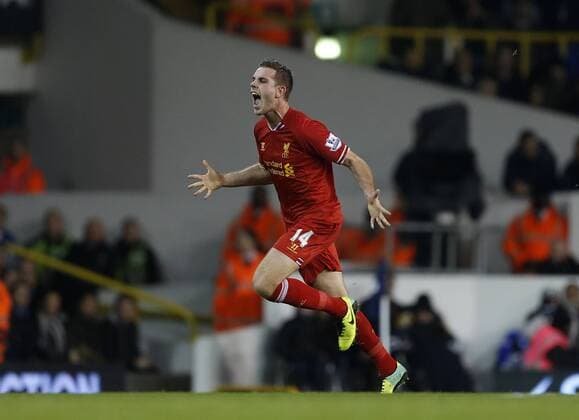 Liverpool s Jordan Henderson celebrates scoring his sides second goal Tottenham Hotspur vs Liverpool FC - Premier League - White Hart Lane - London - England - 15 12 2013 - Pic DavidxKlein Sportimage EDITORIAL USE ONLY. No use with unauthorised audio, video, data, fixture lists, club league logos or live services. Online in-match use limited to 120 images, no video emulation. No use in betting, games or single club league player publications.