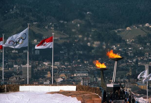 1976 Innsbruck Winter Olympics A view of the two Olympic cauldrons at Bergiselschanze, Bergisel, Innsbruck, Austria. Two were lit as Innsbruck had previously hosted the Winter Games in 1964. 