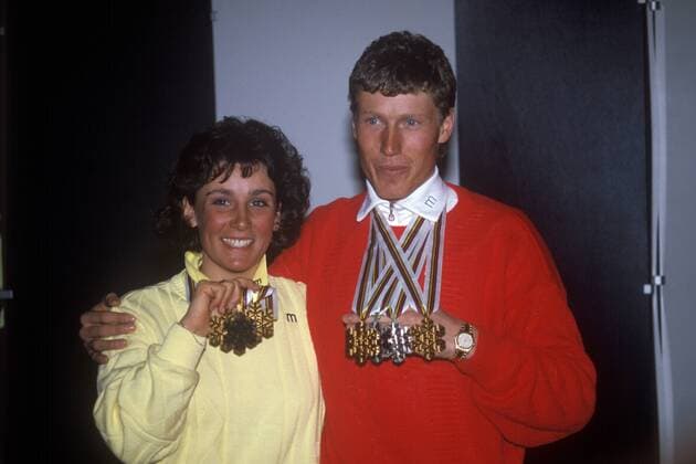 Maria Walliser und Pirmin Zurbriggen (beide SUI) - erfolgreichste Teilnehmer der Alpinen Ski WM 1987 mit je zwei Gold Medaillen