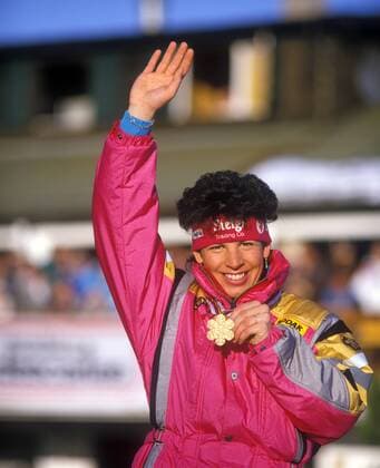 Alpine Ski WM 1987 - Siegerehrung Riesenslalom der Damen - Weltmeisterin Vreni Schneider (SUI)