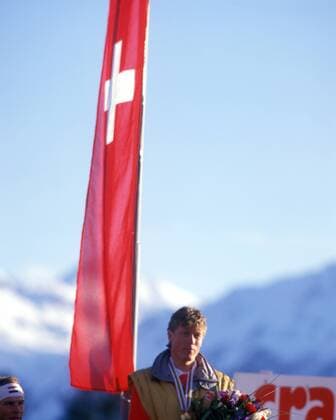 Alpine Ski WM 1987 - Siegerehrung Riesenslalom der Herren - Weltmeister Pirmin Zurbriggen (SUI)