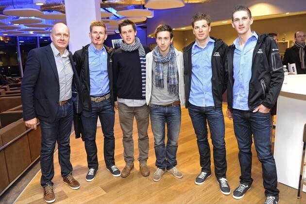 Peter Balette from KAA Gent, Andre Greipel, Hannes Van der Bruggen from KAA Gent, Brecht Dejaegere from KAA Gent, Jurgen Roelandts en Jurgen Van Den Broeck CYCLISME : Presentation de l equipe Lotto - Belisol - 19 12 2013 PhotoNews Panoramic 