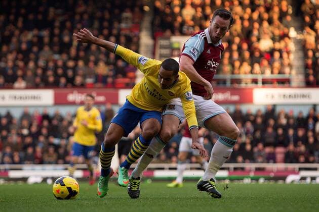 Arsenal s Theo Walcott and West Ham s Kevin Nolan - West Ham vs. Arsenal - Barclays Premier League - Boleyn Ground - London - 26 12 2013 Pic Philip Oldham Sportimage EDITORIAL USE ONLY. No use with unauthorised audio, video, data, fixture lists, club league logos or live services. Online in-match use limited to 120 images, no video emulation. No use in betting, games or single club league player publications.