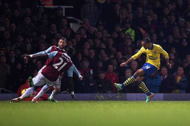 Arsenal s Theo Walcott scores to level it at 1-1 - West Ham vs. Arsenal - Barclays Premier League - Boleyn Ground - London - 26 12 2013 Pic Philip Oldham Sportimage EDITORIAL USE ONLY. No use with unauthorised audio, video, data, fixture lists, club league logos or live services. Online in-match use limited to 120 images, no video emulation. No use in betting, games or single club league player publications.
