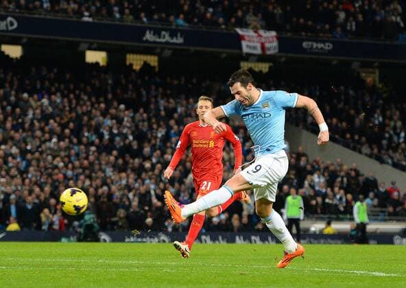 Alvaro Negredo of Manchester City scores their second goal - Barclays Premier League - Manchester City vs Liverpool - Etihad Stadium - Manchester - England - 26th December 2013 - Picture Simon Bellis Sportimage EDITORIAL USE ONLY. No use with unauthorised audio, video, data, fixture lists, club league logos or live services. Online in-match use limited to 120 images, no video emulation. No use in betting, games or single club league player publications.