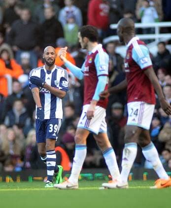 Football - 2013 2014 Premier League - West Ham United vs. West Bromwich Albion West Brom s Nicolas Anelka celebrates his second goal at Upton Park. COLORSPORT ANDREW COWIE 
