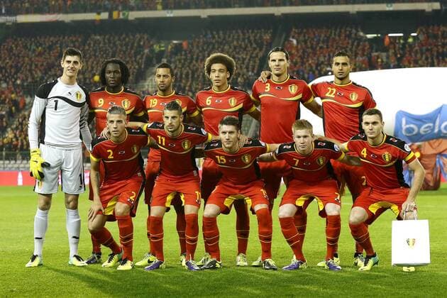 Team Belgium (TOP ROW L-R), Goalkeeper Thibaut Courtois of Belgium, Romelu Lukaku of Belgium, Timmy Simons of Belgium, Axel Witsel of Belgium, Daniel van Buyten of Belgium, Nacer Chadli of Belgium, (BOTTOM ROW L-R), Toby Alderweireld of Belgium, Kevin Mirallas of Belgium, Sebastien Pocognoli of Belgium, Kevin de Bruyne of Belgium, Thomas Vermaelen of Belgium xVIxxIVx 1979856
