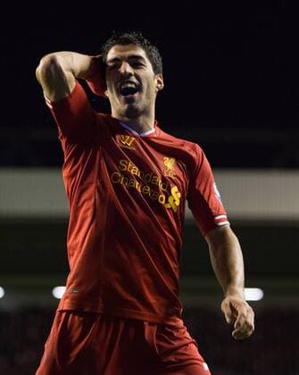 Luis Suarez of Liverpool reacts - Liverpool vs. Hull City - Barclays Premier League - Anfield - Liverpool - 01 01 2014 Pic Philip Oldham Sportimage EDITORIAL USE ONLY. No use with unauthorised audio, video, data, fixture lists, club league logos or live services. Online in-match use limited to 120 images, no video emulation. No use in betting, games or single club league player publications.