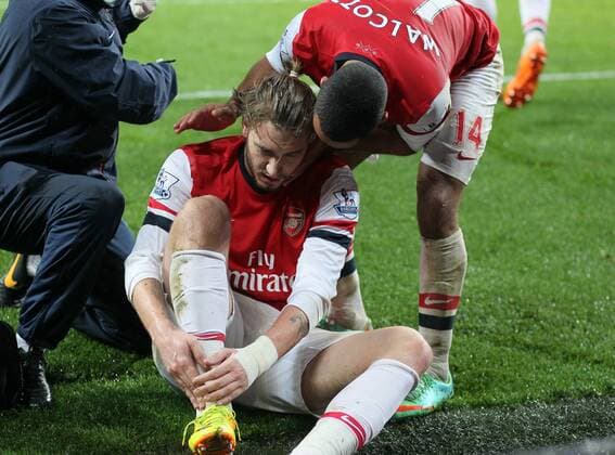Arsenal s Nicklas Bendtner celebrates scoring his sides opening goal and then goes off injured having hurt his ankle Arsenal vs Cardiff - Premier League - Emirates Stadium- London - England - 01 01 2014 - Pic David Klein Sportimage EDITORIAL USE ONLY. No use with unauthorised audio, video, data, fixture lists, club league logos or live services. Online in-match use limited to 120 images, no video emulation. No use in betting, games or single club league player publications.
