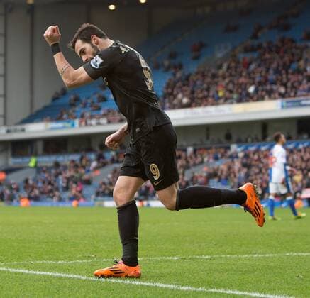 Alvaro Negredo of Manchester City celebrates his opening goal - Blackburn Rovers vs. Manchester City - FA Cup Third Round - Ewood Park - Blackburn - 04 01 2014 Pic Philip Oldham Sportimage EDITORIAL USE ONLY. No use with unauthorised audio, video, data, fixture lists, club league logos or live services. Online in-match use limited to 120 images, no video emulation. No use in betting, games or single club league player publications.