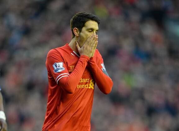 Luis Alberto of Liverpool reacts after missing a chance to score - The FA Cup with Budweiser 3rd Round - Liverpool FC vs Oldham Athletic - Anfield Stadium - Liverpool - England - 5th January 2014 - Picture SimonxBellis Sportimage EDITORIAL USE ONLY. No use with unauthorised audio, video, data, fixture lists, club league logos or live services. Online in-match use limited to 120 images, no video emulation. No use in betting, games or single club league player publications.