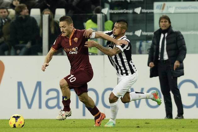 Db Torino 05 01 2014 - campionato di calcio serie A Juventus Turin vs AS Rom: Francesco Totti-Arturo Vidal-Antonio Conte 