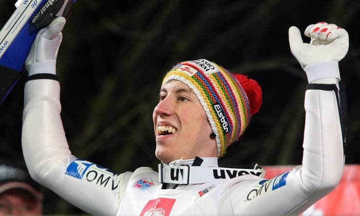 SKI NORDISCH - FIS WC Bischofshofen, Vierschanzentournee BISCHOFSHOFEN,AUSTRIA,06.JAN.14 - SKI NORDISCH, SKISPRINGEN - FIS Weltcup der Herren, Vierschanzen-Tournee, Siegerehrung. Bild zeigt den Jubel von Thomas Diethart (AUT). 