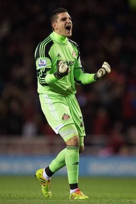 Vito Mannone of Sunderland celebrates his sides opening goal - AFC Sunderland vs. Manchester United (ManU) - Capital One Cup SemiFinal First Leg - Stadium of Light - Sunderland - 07 01 2014 EDITORIAL USE ONLY. No use with unauthorised audio, video, data, fixture lists, club league logos or live services. Online in-match use limited to 120 images, no video emulation. No use in betting, games or single club league player publications.
