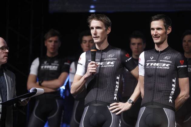 Andy Schleck (Luxemburg Team Trek Factory Racing) and Frank Schleck (Luxembourg Team Trek Factory Racing) CYCLISME : Conference de Presse - Equipe Trek - Roubaix - 10 01 2014 PHOTONEWS PANORAMIC 