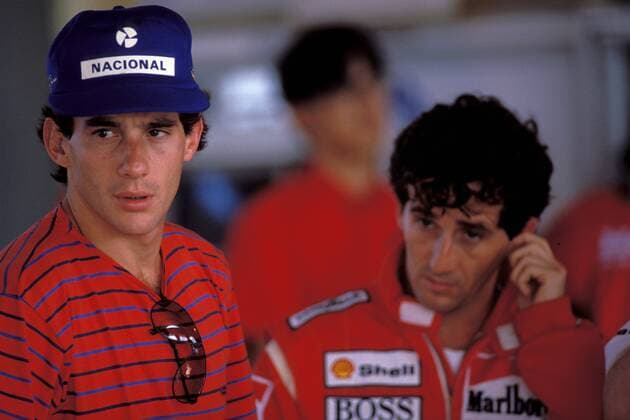Ayrton Senna (Brasilien McLaren Honda, li.) mit seinem Teamkollegen Alain Prost (Frankreich McLaren)
