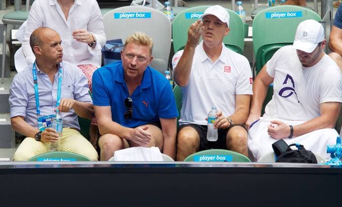 TENNIS - ATP, Australian Open 2014 MELBOURNE,AUSTRALIEN,15.JAN.14 - TENNIS - ATP Tennis Herren World Tour, Grand Slam, Australian Open. Bild zeigt Edoardo Artaldi, Boris Becker, Gebhard Gritsch und Miljan Mladenovic. 