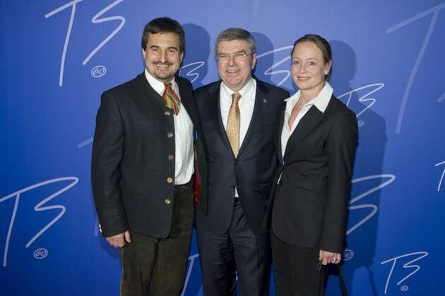 von links: Georg HACKL, Rennrodler, Dr. Thomas BACH, IOC-Präsident, Isabell WERTH, Dressur-Reiterin, Empfang in der Stadthalle Tauberbischofsheim zu Ehren von IOC-Präsident ThomasBach, der am 29.12.2013 seinen 60. Geburtstag feierte, 10.01.2014.