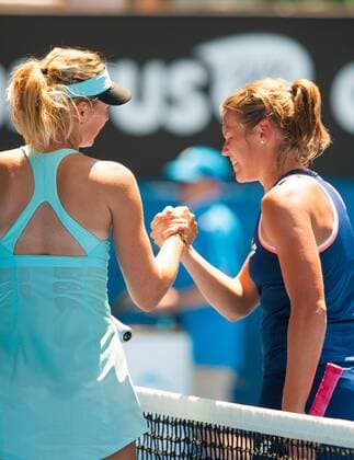 Jan. 16, 2014 - Melbourne, Victoria, Australia - KARIN KNAPP (ITA) shakes hands with M. Sharapova (RUS) at the net in Day 4 of the 2014 Australian Open. - Australian Open - Day 4 - ZUMAkh1