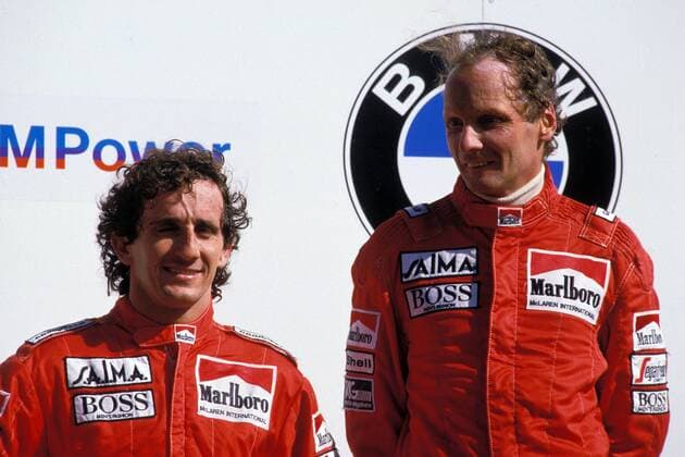 Siegerehrung GP der Niederlande in Zandvoort 1985 - Sieger Niki Lauda (Österreich McLaren TAG Porsche, re.) mit Alain Prost (Frankreich McLaren)