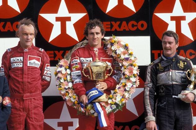 GP der Niederlande 1984, v.li. Niki Lauda (Österreich), Sieger Alain Prost (Frankreich beide McLaren) und Nigel Mansell (England Lotus)