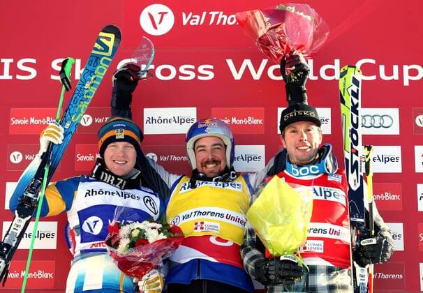 FREE STYLE - FIS WC Val Thorens, Skicross VAL THORENS,FRANKREICH,17.JAN.14 - FREE SKI, FREESTYLE SKIING - FIS Weltcup, Ski Cross, Siegerehrung. Bild zeigt den Jubel von Victor Oehling Norberg (SWE), John Teller (USA) und David Duncan (CAN). 