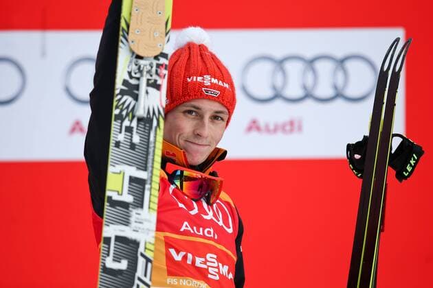 SKI NORDISCH - FIS WC Seefeld, Nordic Triple SEEFELD,AUSTRIA,18.JAN.14 - SKI NORDISCH, NORDISCHE KOMBINATION - FIS Weltcup, Nordic Triple, Siegerehrung. Bild zeigt den Jubel von Eric Frenzel (GER). 