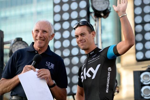 Phill Liggett im Interview mit Richie PORTE (AUS) - Querformat - quer - horizontal - Event Veranstaltung: Santos Tour Down Under 2014 - Team Presentation Team Präsentation - Location Ort: Adelaide - Australien - Oceania - Ozeanien - Date Datum: 18.01.2014 - PUBLICATIONxONLYxGERxAUTxSWI