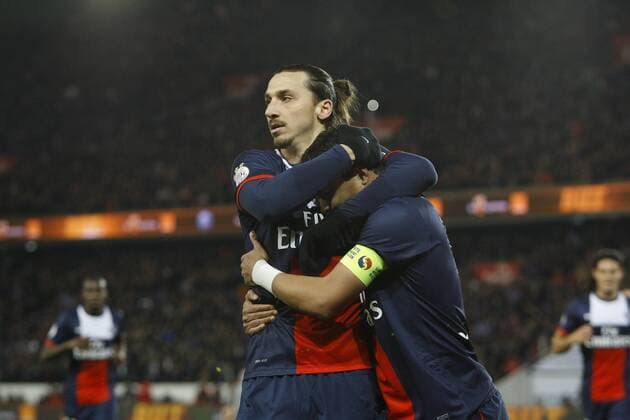 Zlatan Ibrahimovic et Thiago Silva (PSG) FOOTBALL : Paris Saint Germain (PSG) vs FC Nantes - Ligue 1 - 19 01 2014 GwendolineLeGoff 