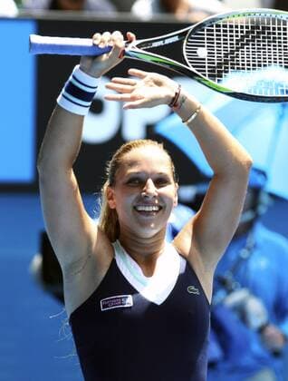 (140120) -- MELBOURNE, Jan. 20, 2014 (Xinhua) -- Dominika Cibulkova of Slovakia celebrates after winning her women s singles fourth round match at Australian Open tennis tournament in Melbourne, Australia, Jan. 20, 2014. 
