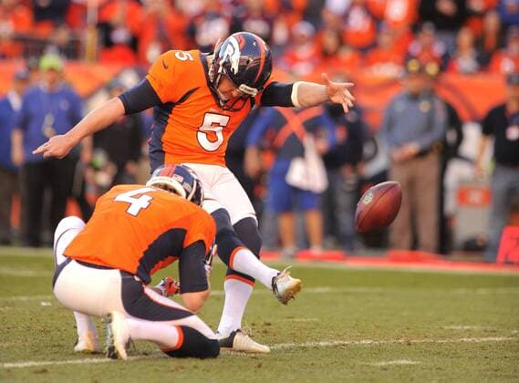 Jan. 18, 2014 - Denver, CO, USA - Denver Broncos kicker Matt Prater kicks a field goal in the fourth quarter of the AFC championship game at Sports Authority Field at Mile High in Denver on Sunday, Jan. 19, 2014. The Denver Broncos defeated the New England Patriots, 26-16. BRONCOS PATRIOTS - ZUMAm67