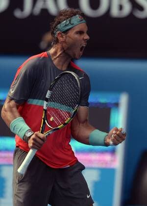 (140120) -- MELBOURNE, Jan. 20, 2014 (Xinhua) -- Rafael Nadal of Spain celebrates during the men s singles fourth round match at Australian Open tennis tournament in Melbourne, Australia, Jan. 20, 2014. . (Xinhua Li Jundong) (SP)AUSTRALIA-MELBOURNE-TENNIS 