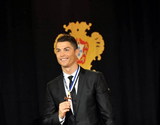 LISBON, Jan. 20, 2014 (Xinhua) -- Portuguese football super star Cristiano Ronaldo (Real Madrid) poses after being awarded the Grand Officer of the Order of Infante D. Henrique at the Presidential Palace in Lisbon, Portugal, on Jan. 20, 2014. Ronaldo was awarded the country s top honor for his contribution to the national team and the prestige he has brought for Portugal around the world. 