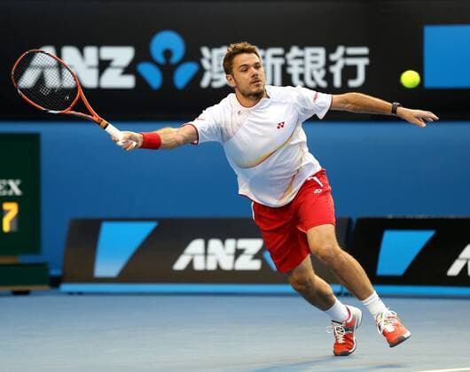Australian Open 2014, Melbourne Park,ITF Grand Slam Tennis Tournament, Stanislas Wawrinka (SUI),Aktion,Einzelbild, Ganzkoerper,Querformat,