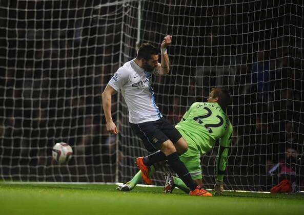 Football - 2013 2014 Capital One League Cup - Semi-Final: West Ham United vs. Manchester City Man City s Alvaro Negredo scores goal no 1 at Upton Park. COLORSPORT ANDREW COWIE