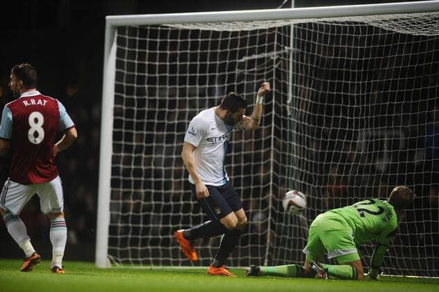 Football - 2013 2014 Capital One League Cup - Semi-Final: West Ham United vs. Manchester City Man City s Alvaro Negredo scores goal no 1 at Upton Park. COLORSPORT ANDREW COWIE 