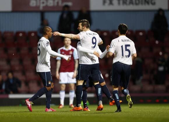 Manchester City s Alvara Negrado celebrates scoring his sides opening goal West Ham United vs Manchester City - League Cup Semi Final, Second Leg - Upton Park - London - England - 21 01 2014 - Pic David Klein Sportimage EDITORIAL USE ONLY. No use with unauthorised audio, video, data, fixture lists, club league logos or live services. Online in-match use limited to 120 images, no video emulation. No use in betting, games or single club league player publications.