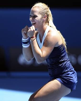 (140122) -- MELBOURNE, Jan. 22, 2014 (Xinhua) -- Dominika Cibulkova of Slovakia celebrates after winning women s singles quarterfinal at 2014 Australian Open tennis tournament in Melbourne, Australia, Jan. 22, 2014. (Xinhua Jin Linpeng) (SP)AUSTRALIA-MELBOURNE-TENNIS-CIBULKOVA-HALEP 