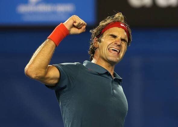 Australian Open 2014, Melbourne Park,ITF Grand Slam Tennis Tournament, Roger Federer (SUI macht die Faust und jubelt nach seinem Sieg, Jubel,Emotion,,Einzelbild,Halbkoerper,Querformat,