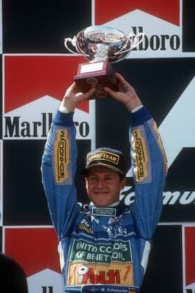 Siegerehrung GP Spanien 1994 - Der Zweite Michael Schumacher (GER Mercedes) jubelt